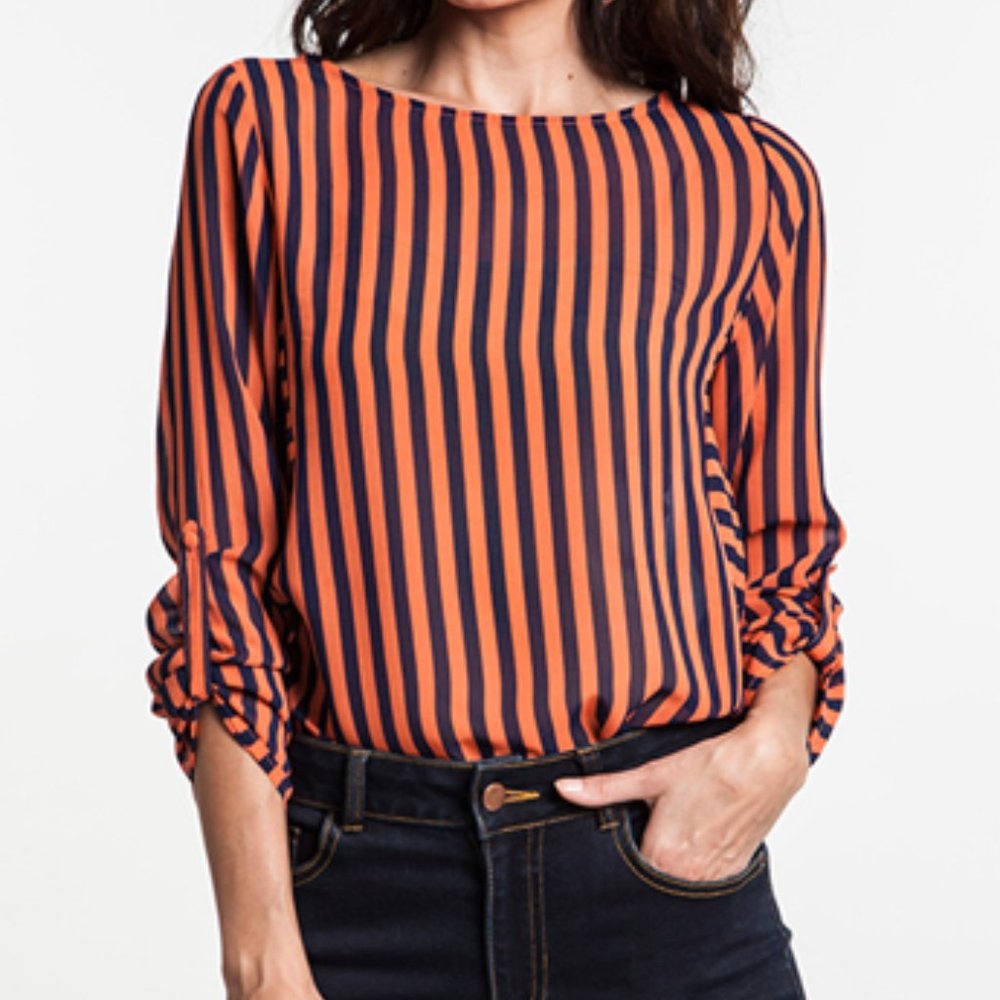 Navy Peach Half Sleeve Semi Transparent Top M